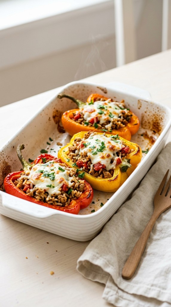 Baked ground turkey stuffed bell pepper halves with brown rice, tomatoes and melted mozzarella in a white baking dish