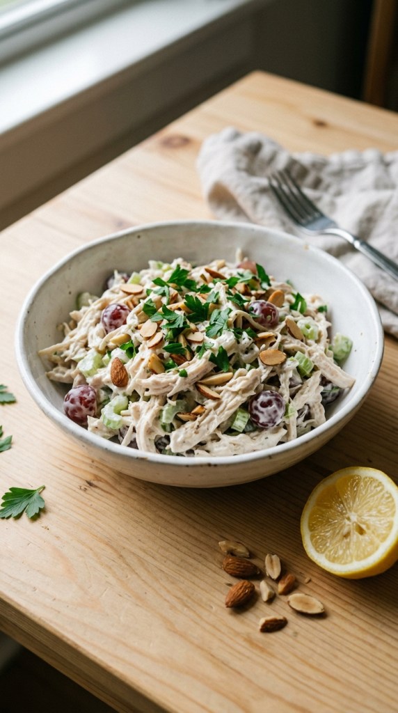 Creamy Greek yogurt chicken salad with shredded chicken, celery, red grapes and almonds in a white bowl