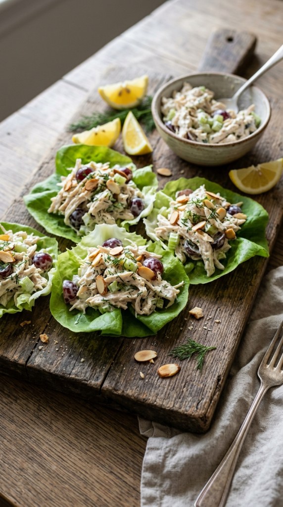 Greek yogurt chicken salad served in butter lettuce cups with celery, red grapes and almonds