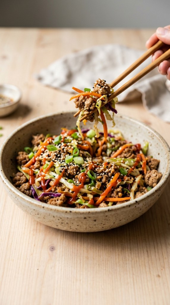 Chopsticks lifting a bite of egg roll in a bowl with ground turkey, cabbage, carrots and sriracha from a ceramic bowl