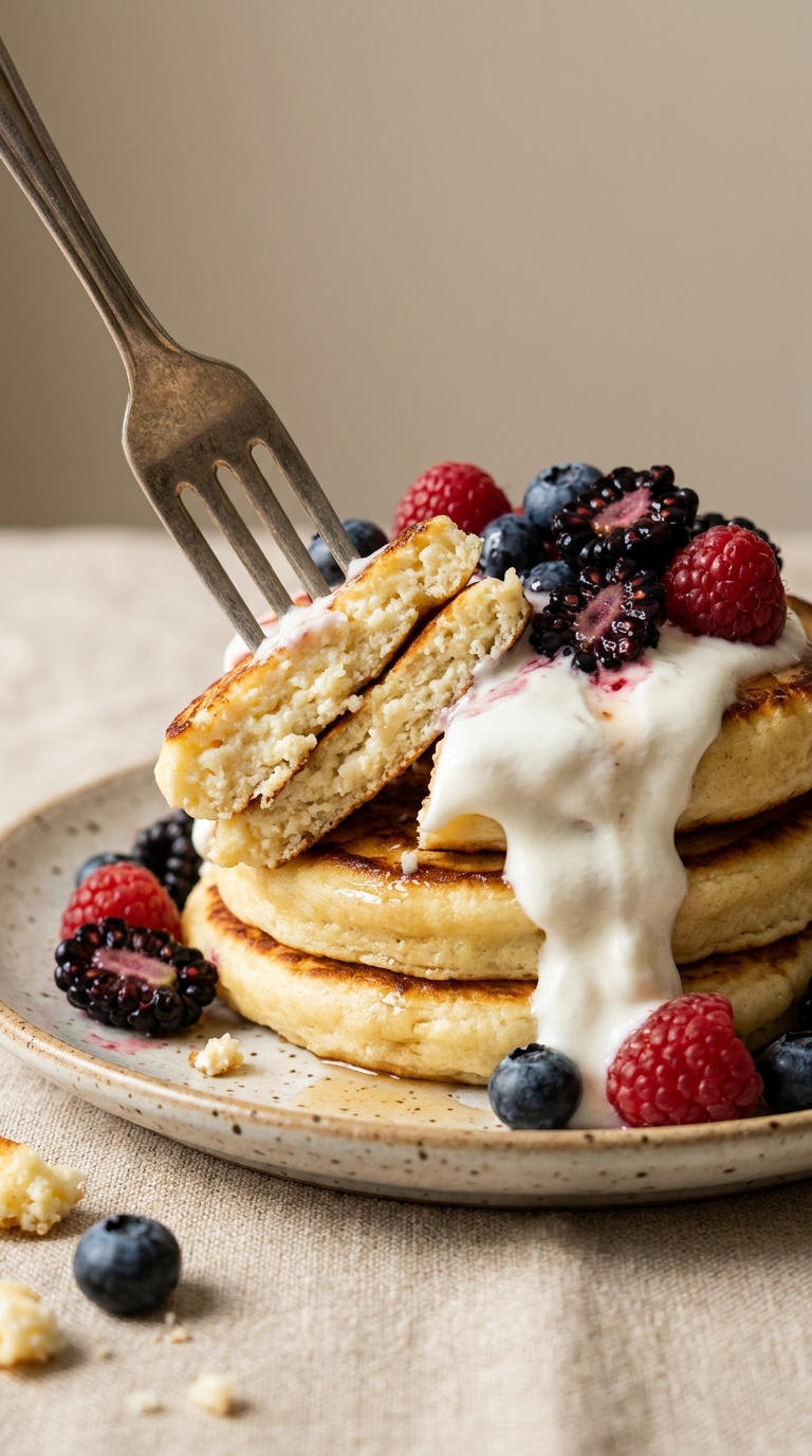 Fork cutting into a stack of fluffy cottage cheese pancakes topped with fresh berries and Greek yogurt