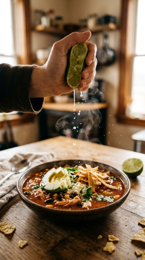 Hand squeezing fresh lime over a bowl of healthy chicken tortilla soup with avocado, cilantro and tortilla strips