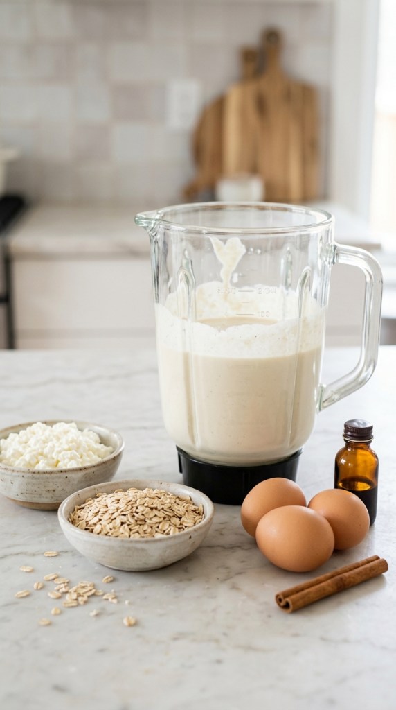 Blender with smooth cottage cheese pancake batter next to cottage cheese, rolled oats, eggs, vanilla and cinnamon