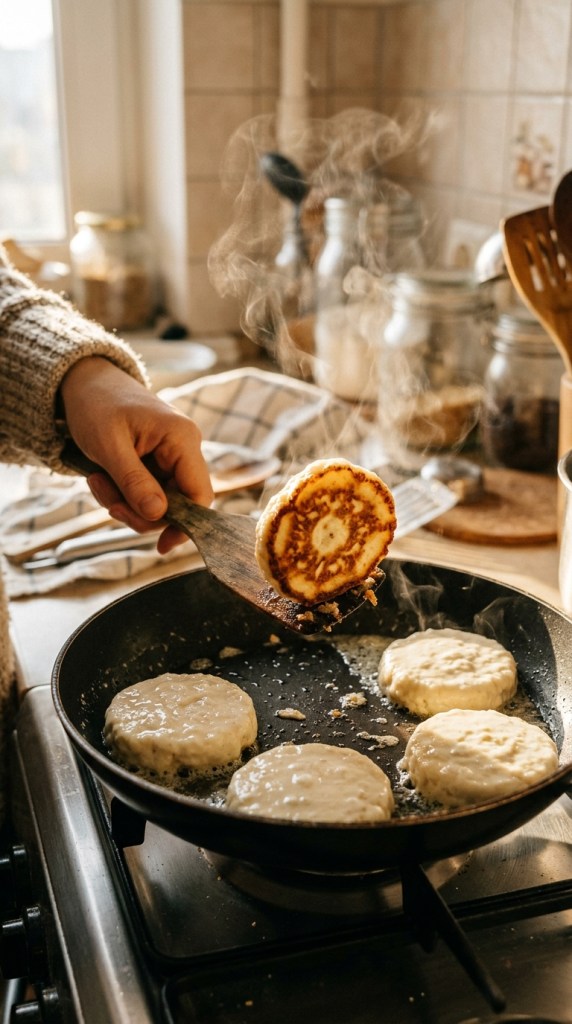 Small cottage cheese protein pancakes cooking in a skillet, one flipped to show its golden-brown side