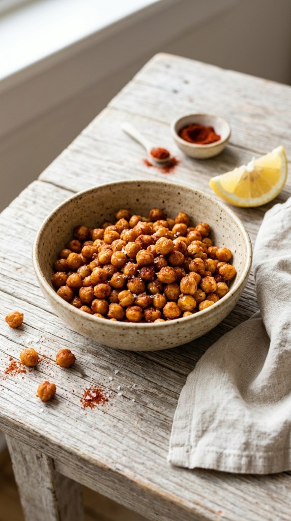 Crispy roasted chickpeas with smoked paprika in a rustic ceramic bowl
