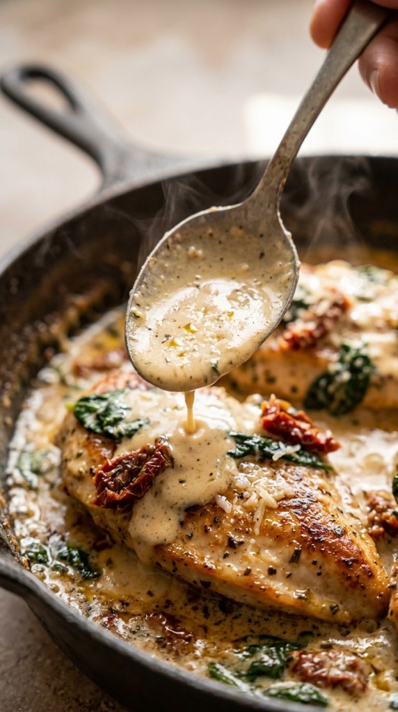 Spoon pouring creamy Tuscan sauce with sun-dried tomatoes and spinach over seared chicken
