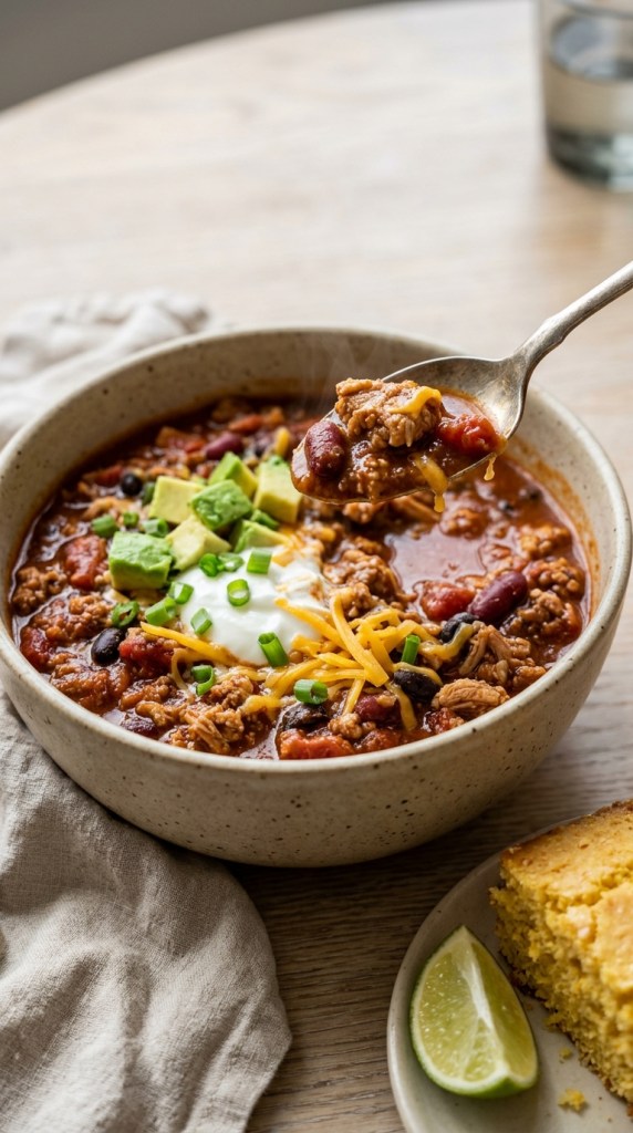 Spoon lifting a bite of healthy turkey chili with kidney beans, cheddar, Greek yogurt and avocado from a ceramic bowl
