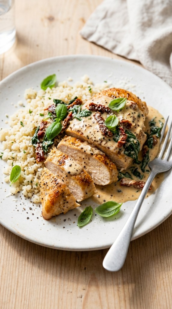 Plate of sliced healthy Tuscan chicken with creamy sauce served over cauliflower rice