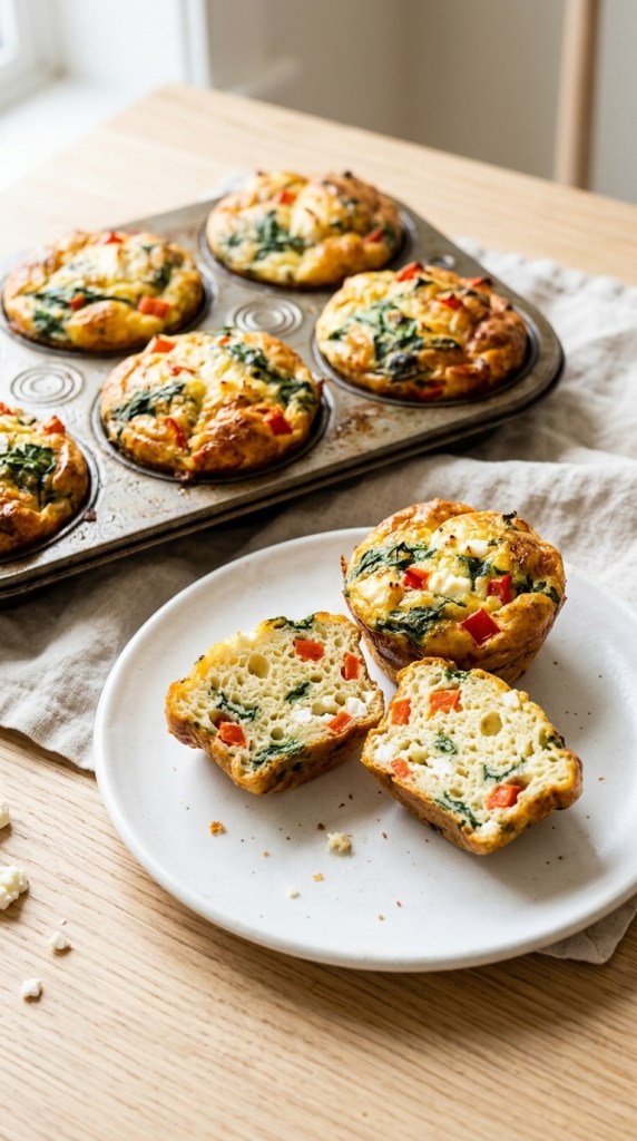 Fluffy veggie egg muffins with spinach and red pepper fresh from the oven
